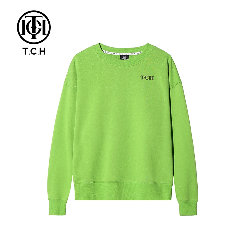 线上-TCH潮牌透明满钻圆领时尚休闲百搭简约绿色圆领衫T69C116031