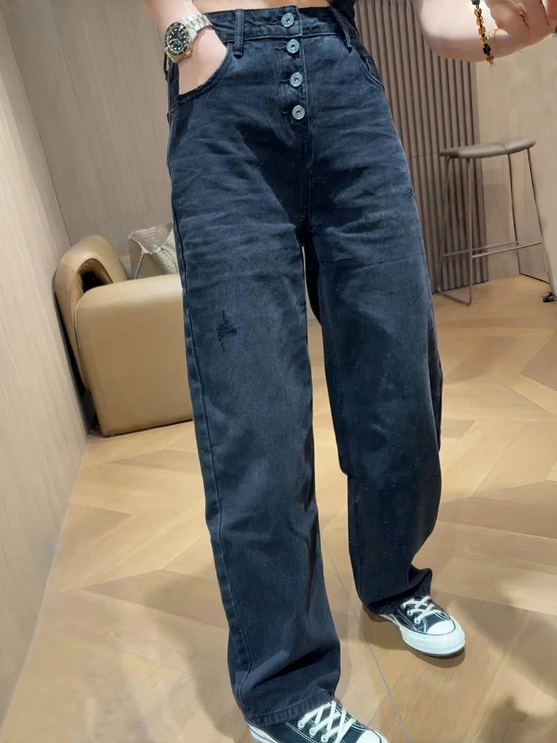 大码女装2025秋季新款高腰洋气直筒牛仔裤胖mm宽松显瘦拖地阔腿裤