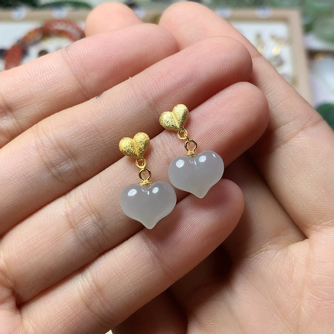 银S925镀金镶嵌和田玉（白玉）耳饰吖****7