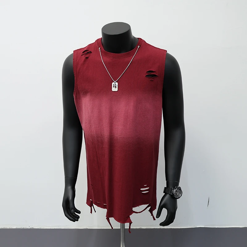 扎染渐变破洞背心T恤男夏季潮牌高街设计感港风ins痞帅坎肩上衣服