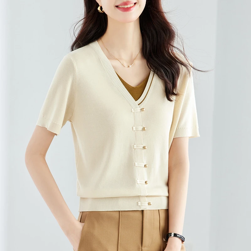 天丝针织衫女品牌莱赛尔夏季短袖t恤女假两件上衣时尚洋气V领小衫