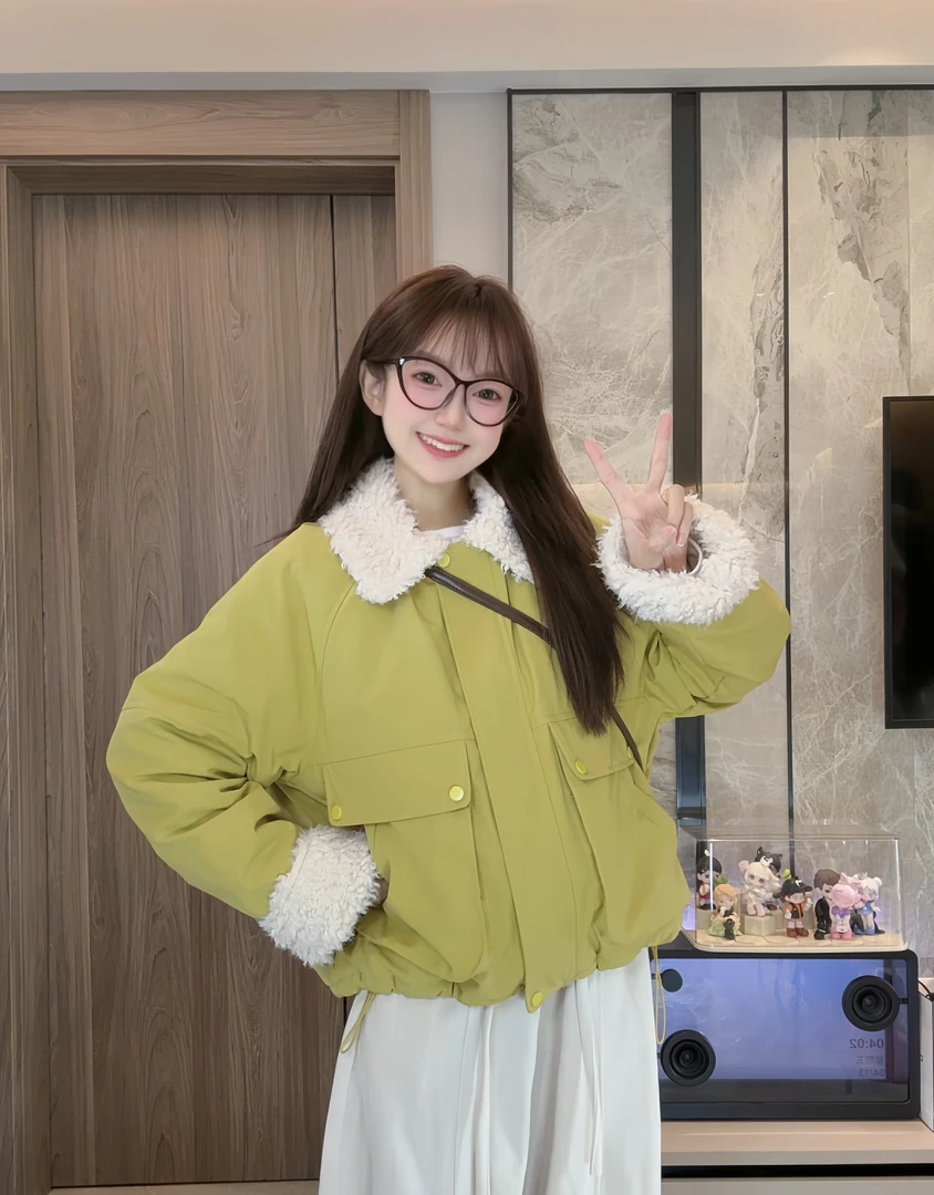 25108妮宝专属-翻领拼接2025冬季新款工装休闲加毛外套小个子百搭