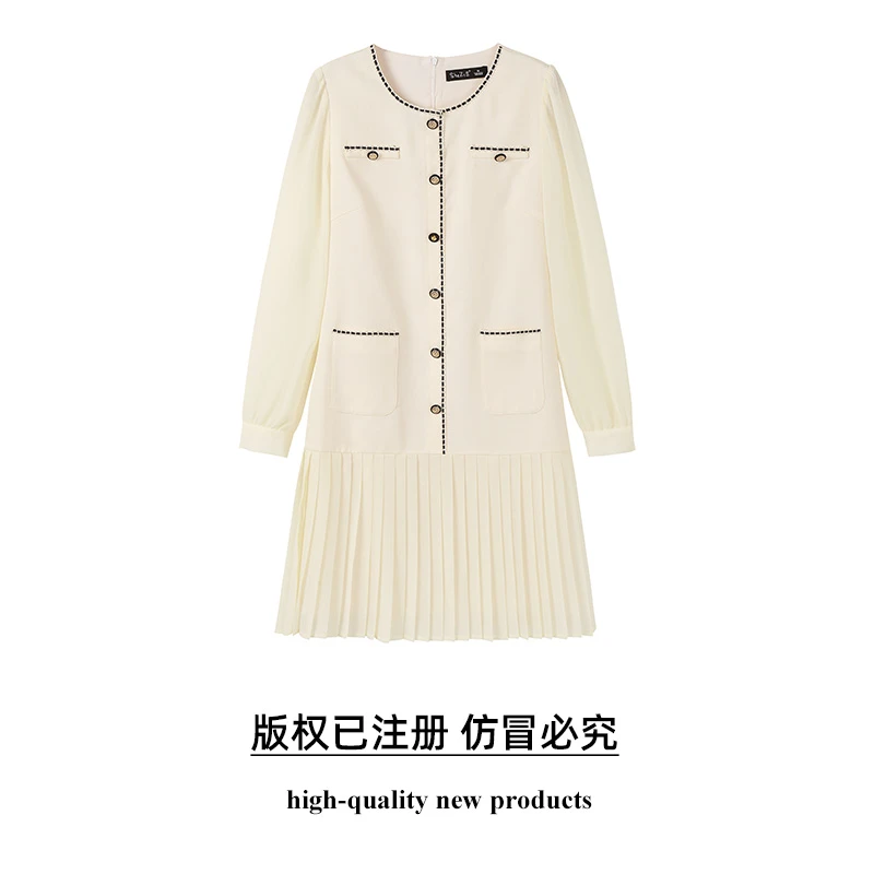 奢姿2025年春季新款大码女装拼接百褶法式裙子胖妹妹圆领连衣裙