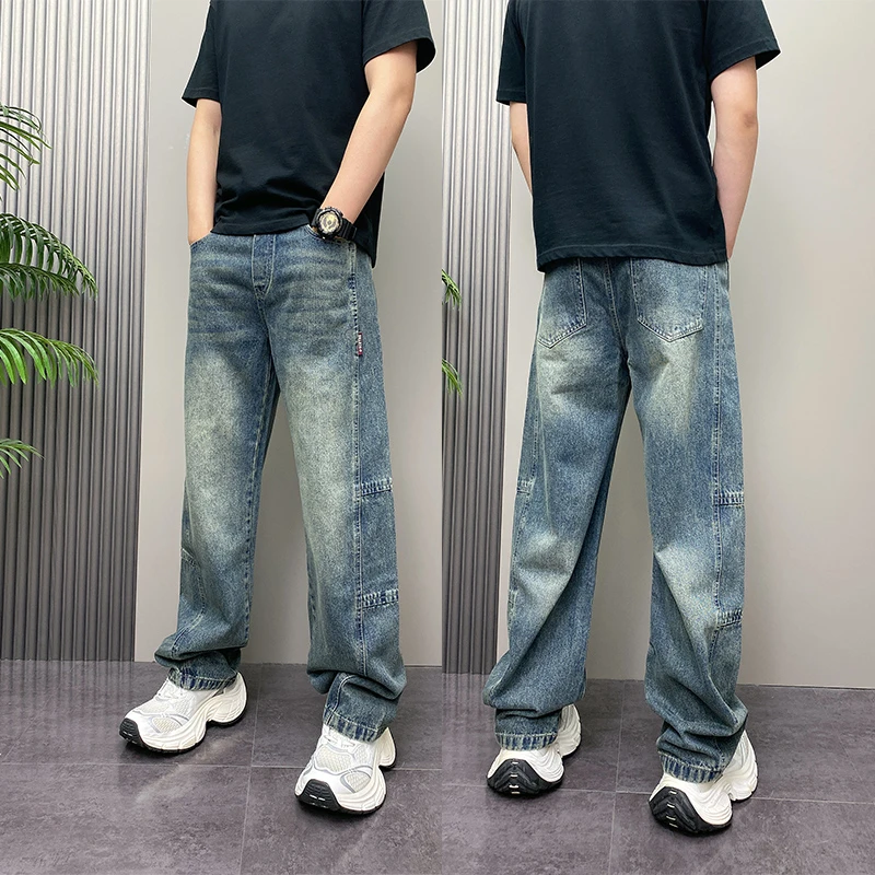 秋季新款潮流时尚宽松直筒休闲裤弯刀百搭长裤男士复古水洗牛仔裤