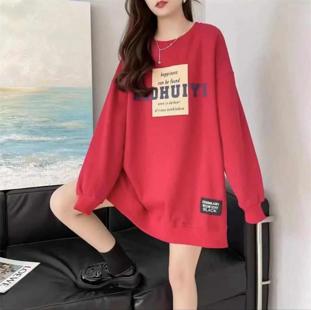 春季方块字母韩版休闲显瘦遮臀宽松中长款百搭加绒圆领卫衣ins女