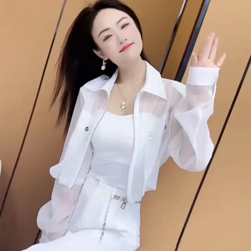 韩版休闲甜美Polo领长袖防晒外套女夏季新款名媛气质纯色显瘦上衣