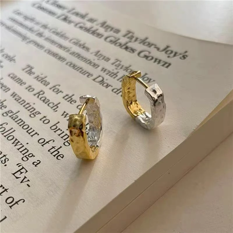 925银耳饰 韩版爆款金银分色肌理感方形耳扣百搭经典ins风3085