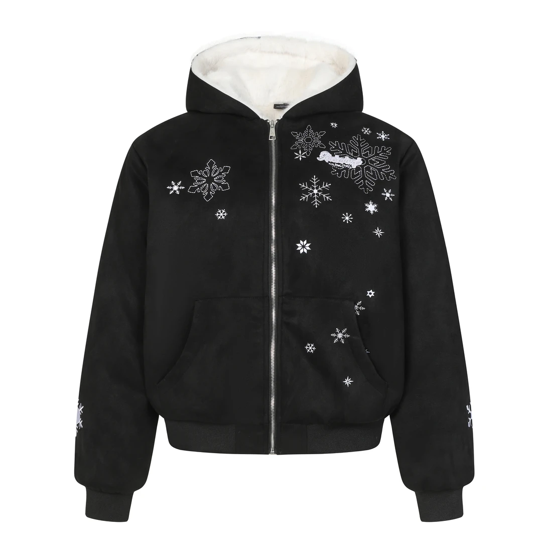 UNOTOBE 美式复古冰晶雪花字母刺绣毛领连帽加绒加厚座山雕棉服