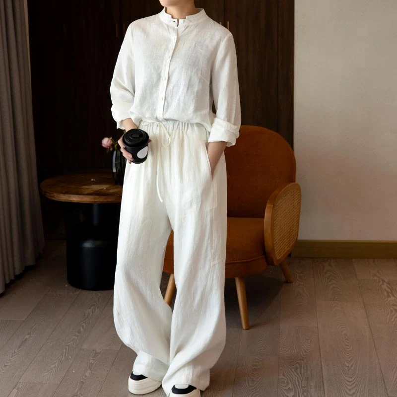 小九鹿原创 春夏水洗汉麻弯刀裤阔腿休闲裤松紧腰宽松百搭拖地裤