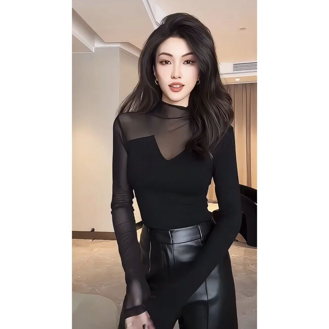 2025春秋气质洋气时尚网纱T恤黑色网红女百搭修身显瘦打底衫