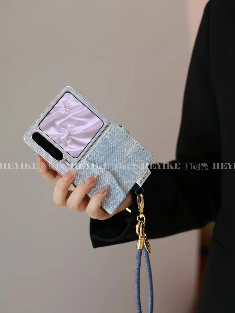 韩系牛仔卡包适用华为purax手机壳折叠小米mixflip2斜挎pocket2蓝