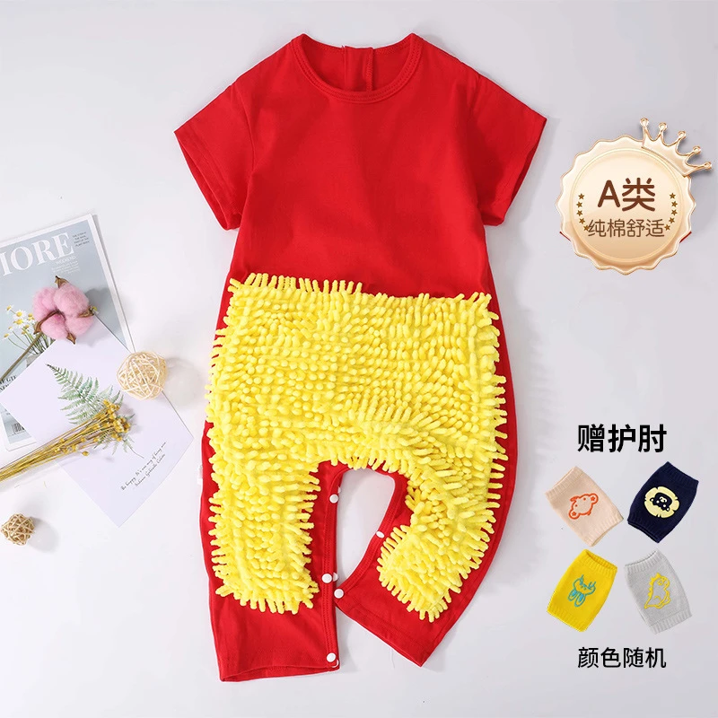 夏季薄款婴儿短袖连体衣拖把侠爬行服宝宝拖地爬爬服擦地板防脏连