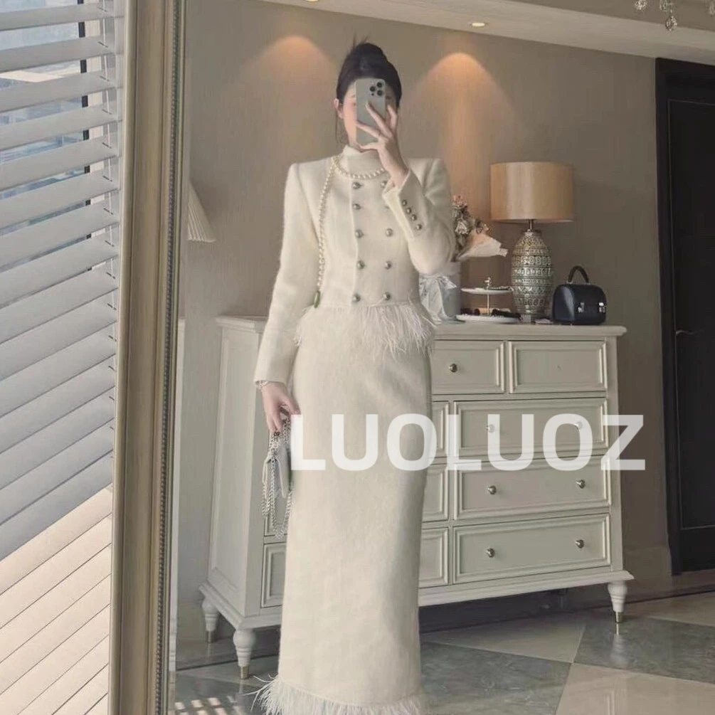 【现货】LUOLUOZ【轻风白茶】绵羊毛白鸭绒鸵鸟毛＋外套半裙两件套m066