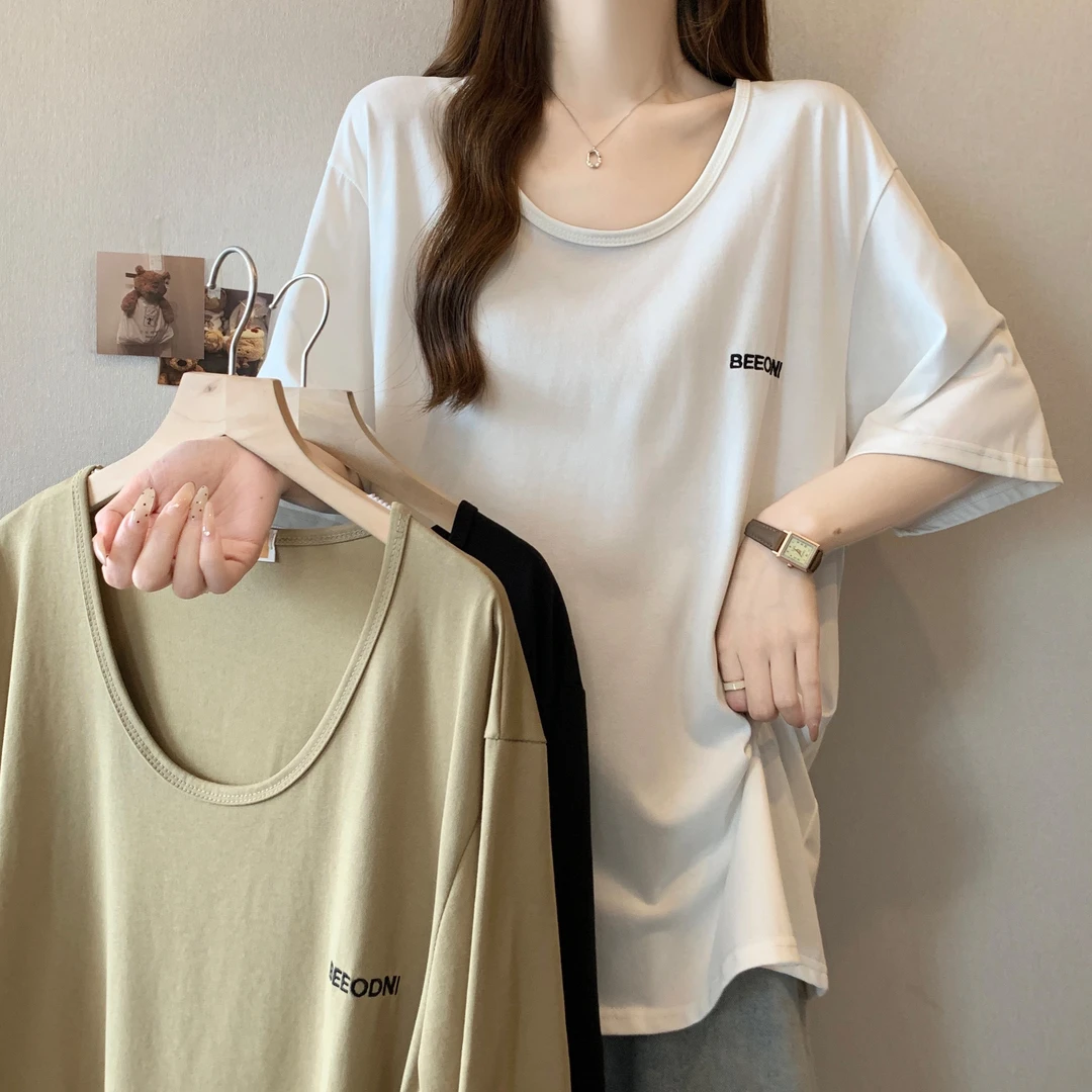 大版U领正肩短袖高端T恤MM女白色大码女款宽松显瘦中长款上衣