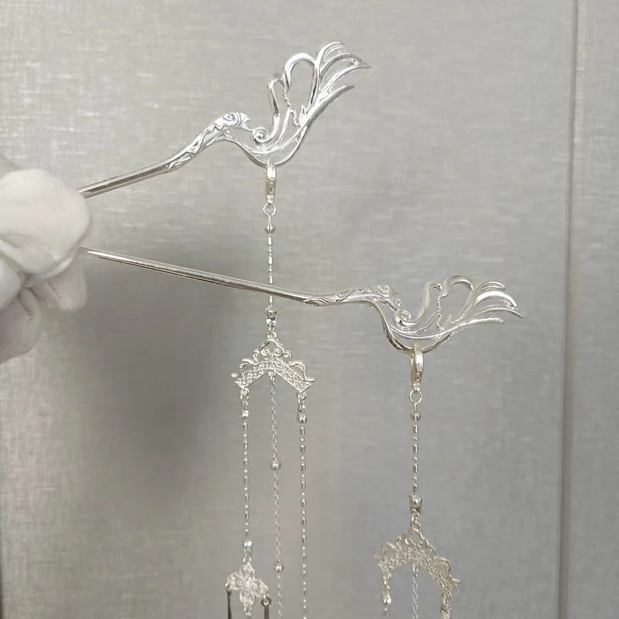 十三鱼银色凤尾汉服配饰中国风长流苏发簪发饰头饰国潮古风仙气