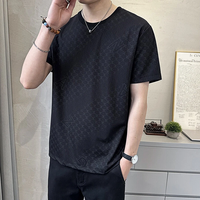 男士夏季简约透气商务短袖T恤宽松大码休闲薄款圆领上衣速干