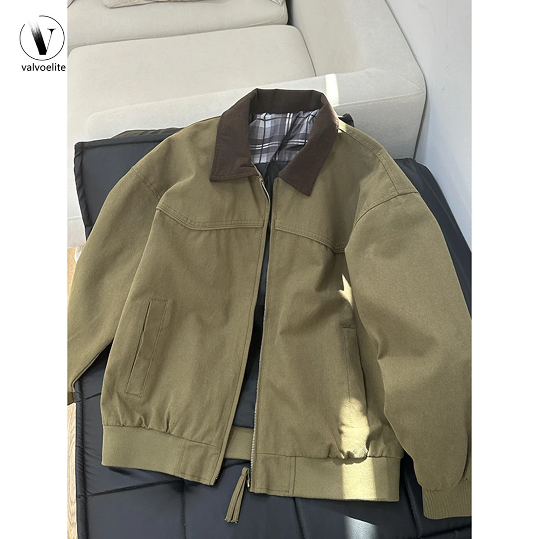 VALVOELITE秋季短款正肩外套男美式哈灵顿飞行夹克痞帅翻领棒球服