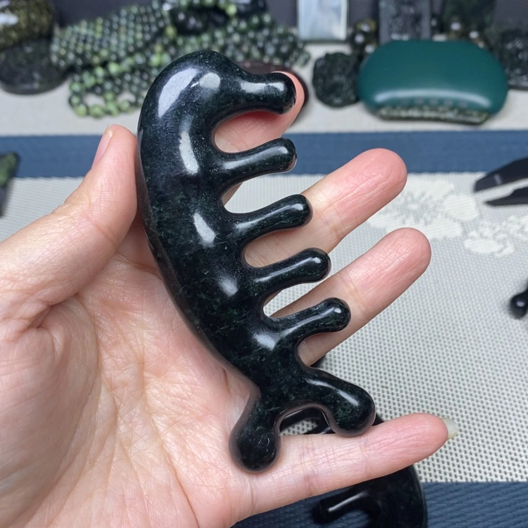 蛇纹石玉未镶嵌发饰药王石黑包公按摩梳，瑕疵福利，弱磁