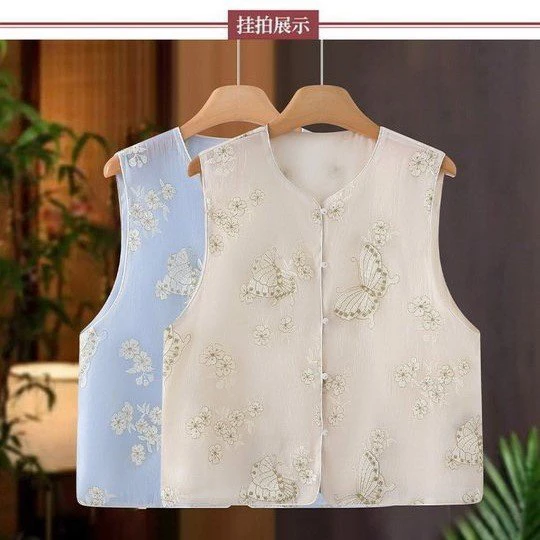 新中式国风马甲女圆领蕾丝刺绣欧根纱2025夏季薄款黄色无袖上衣