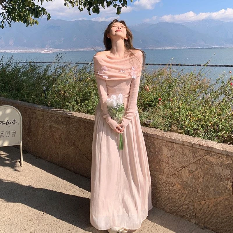 粉色超好看立体花朵套装裙女2025春法式一字肩针织衫半身裙两件套