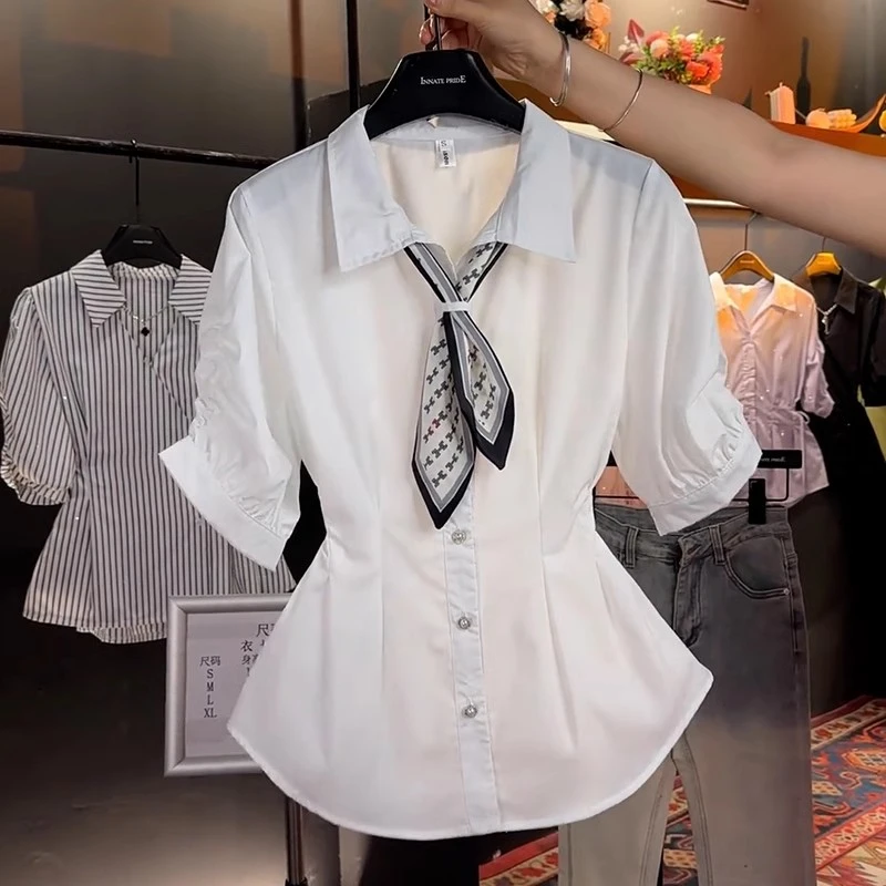 女士衬衫2025年夏季新款大码设计感短袖系带收腰显瘦白色上衣