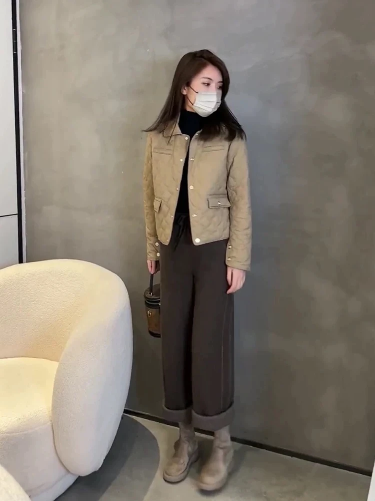 QDA5237-1复古咖色高腰直筒针织休闲裤女秋宽松百搭显瘦阔腿裤子