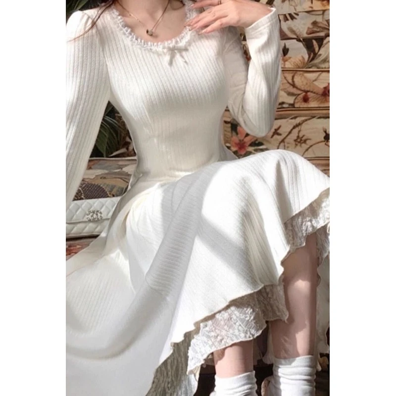 奥特莱斯女款战袍栀子白茶/气质复古针织蕾小个子冬季针织裙