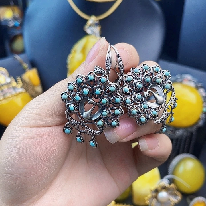 绿松石银S925镶嵌耳坠