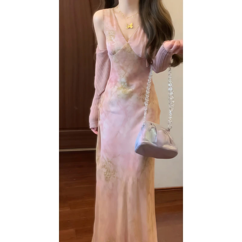 【粉黛星河】夏日绝美温柔显白V领连衣裙度假长裙&防晒空调开衫9273