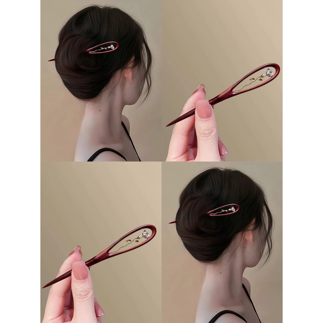 玫瑰独奏!古风檀木花朵发簪!2025新款设计感后发钗脑勺盘发簪子