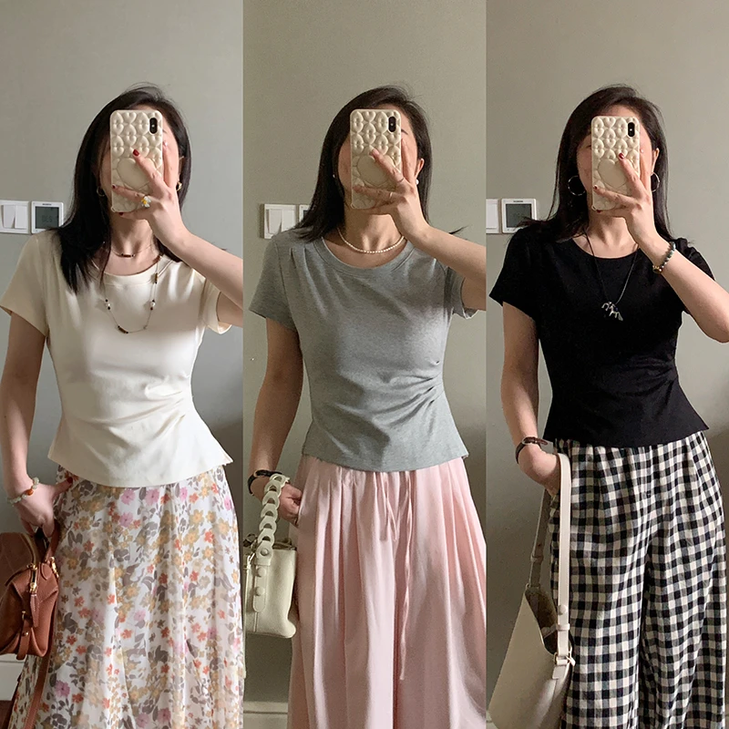 【现货款】花总吖 夏季不对称设计显瘦短袖收腰捏褶T恤R425Y04991