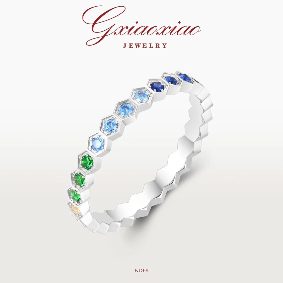 925银 镀K金 时尚气质高级感彩色满镶蜂巢戒指 ND69