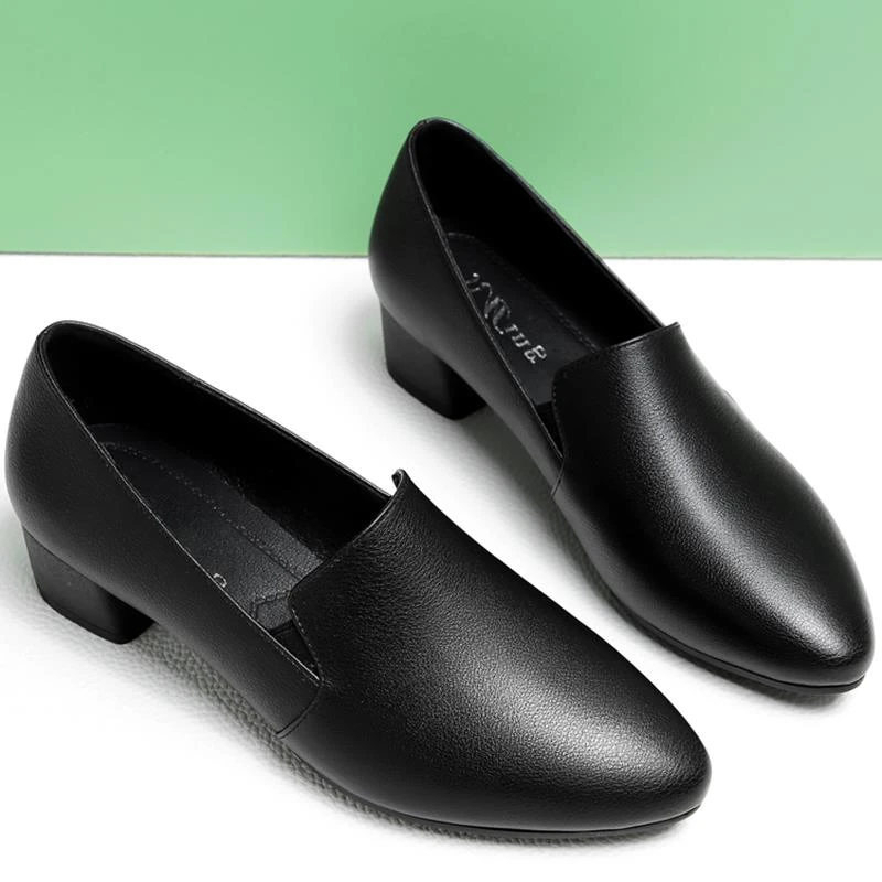 春秋季软底粗跟中年一脚蹬轻便妈妈鞋皮鞋中老年休闲单鞋工作女鞋