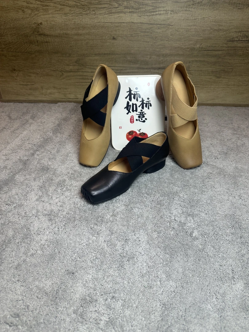 复古方头头层磨砂牛皮芭蕾舞鞋女油蜡擦色粗跟法式交叉绑带