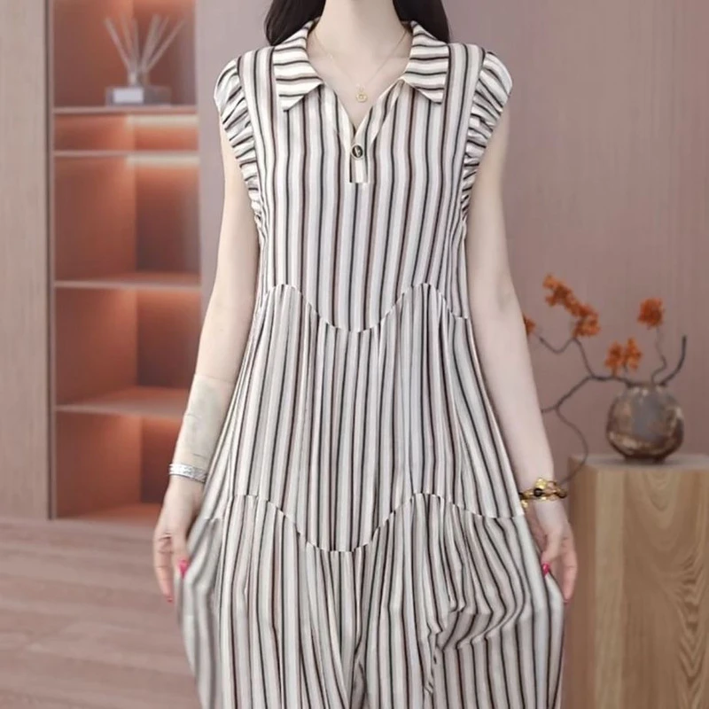 高档轻羽丝优雅气质条纹礼服裙2025夏季新款遮肚子显瘦洋气连衣裙