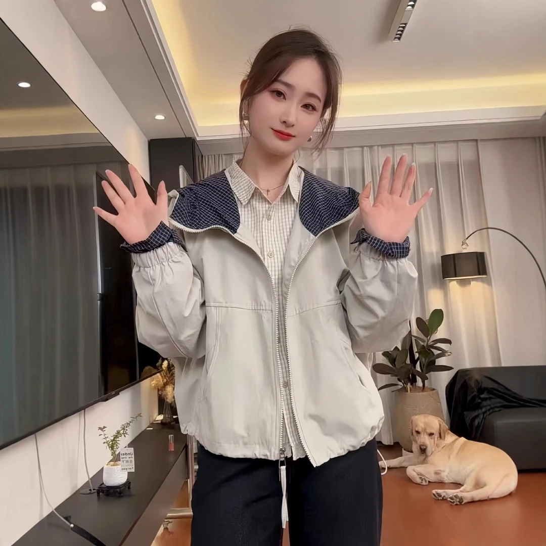 韩系设计感格子拼接连帽外套女2025秋季新款气质百搭小众减龄上衣