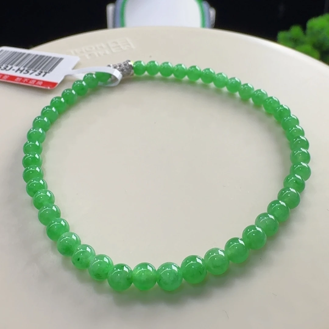 翡翠未镶嵌手链满色冰绿单圈卡3.7-4.2mm