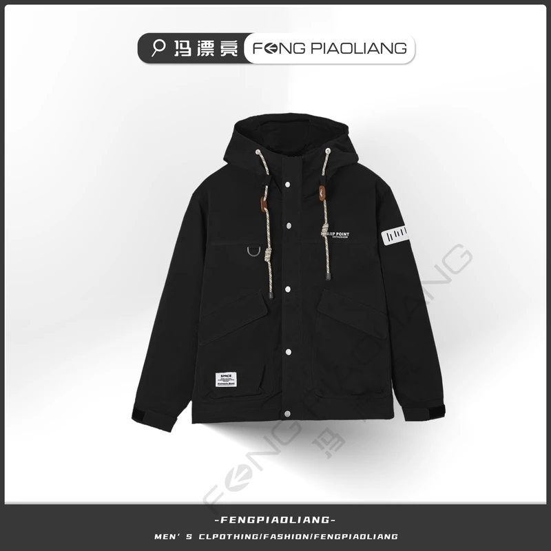 黑/·编织粗抽绳大口袋时尚户外流行情侣款冲锋衣外套1502