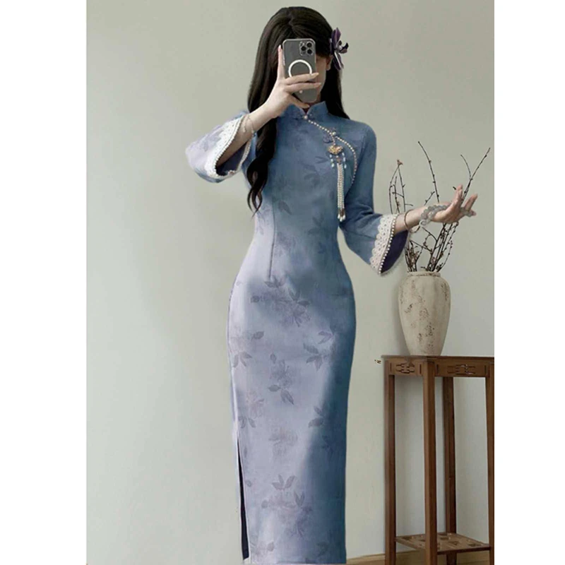 涟画鹿隐仙林丨蓝色淑女范改良新中式倒大袖旗袍2025早春新款裙子