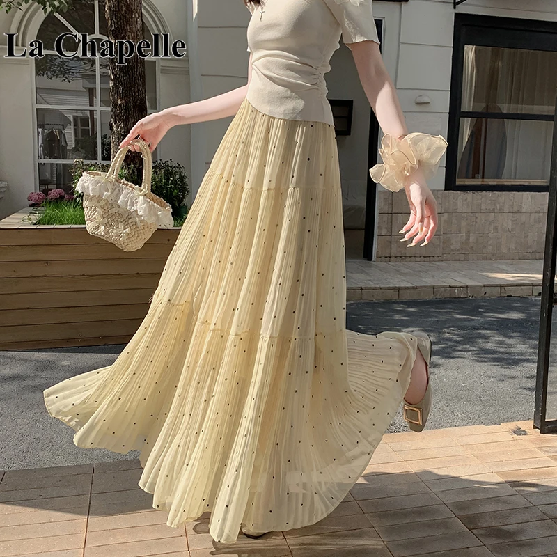 拉夏贝尔黄色波点蛋糕半身裙女夏季薄款高腰梨型遮胯雪纺大摆长裙