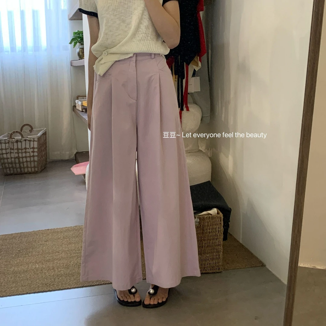 简约洗水棉阔腿裤长裤女夏新款百搭高腰显瘦纯色直筒九分裤休闲裤