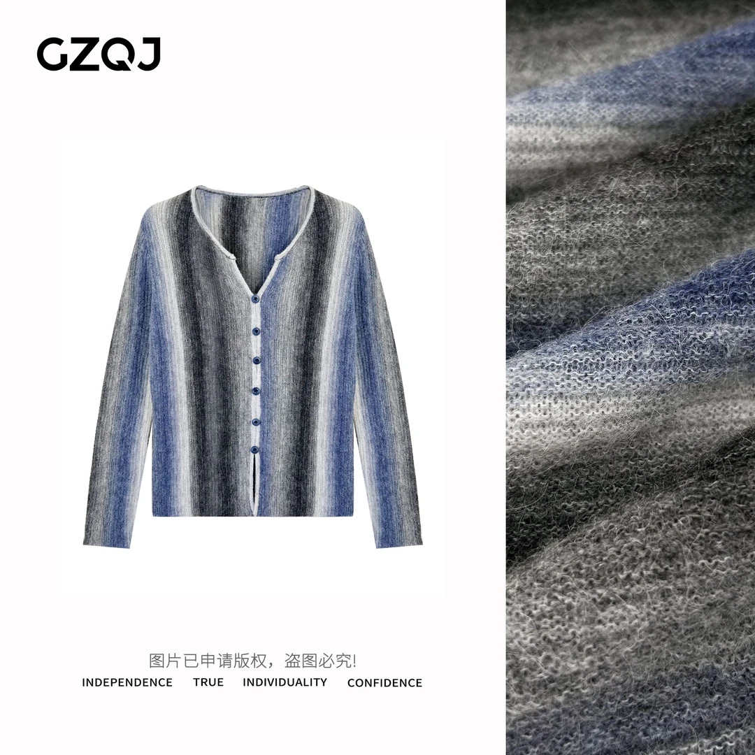 老琴私服【青春书信】渐变条纹V领针织衫女早秋小众设计感毛衣 4106