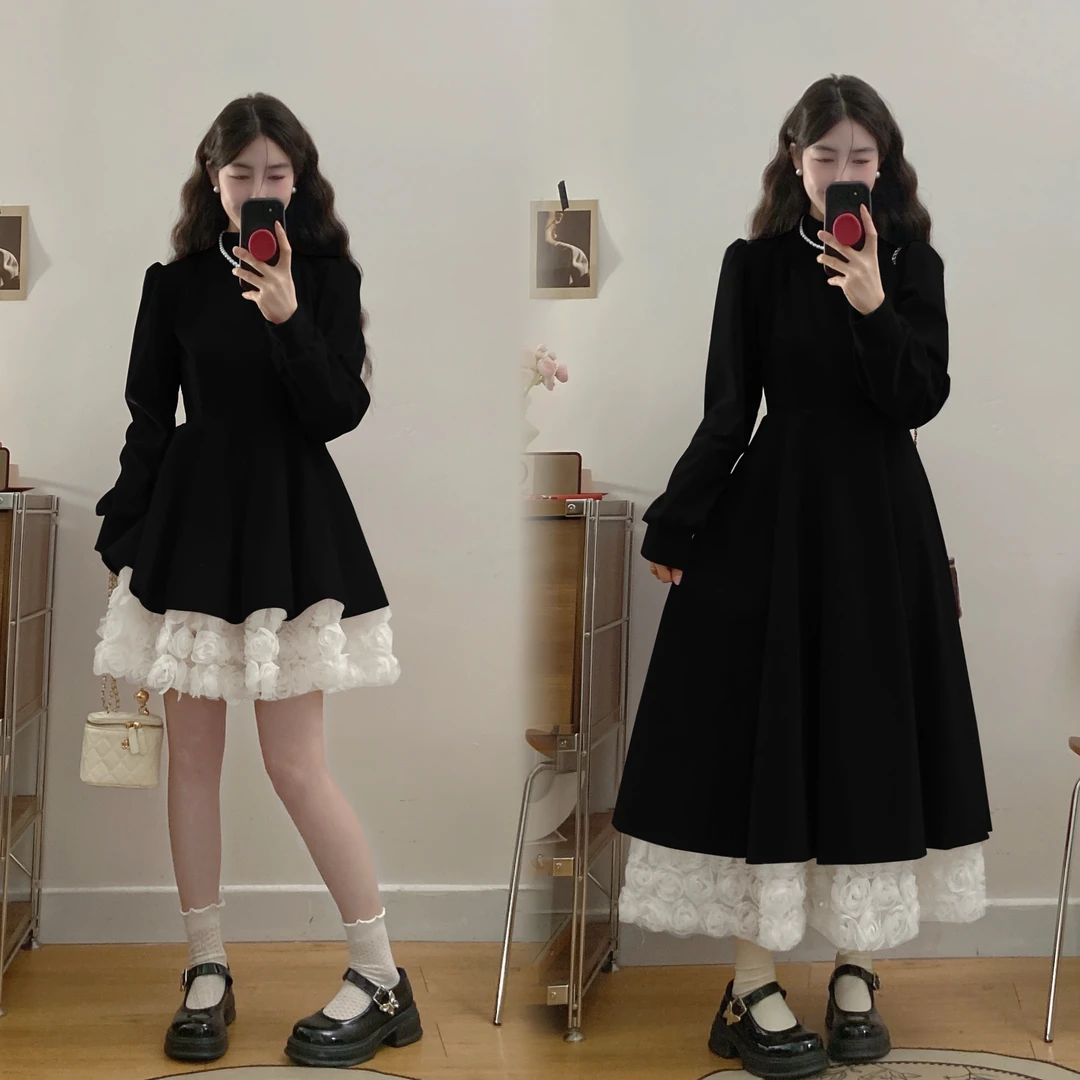 春意盎然2025丝绒拼接蕾丝固色处理显瘦长短款连衣裙时尚7838#