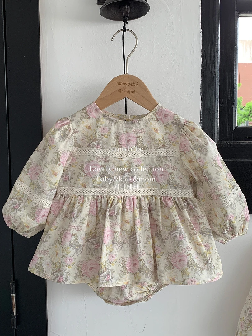 {jennybebe}ins风韩版复古碎花婴儿包屁衣