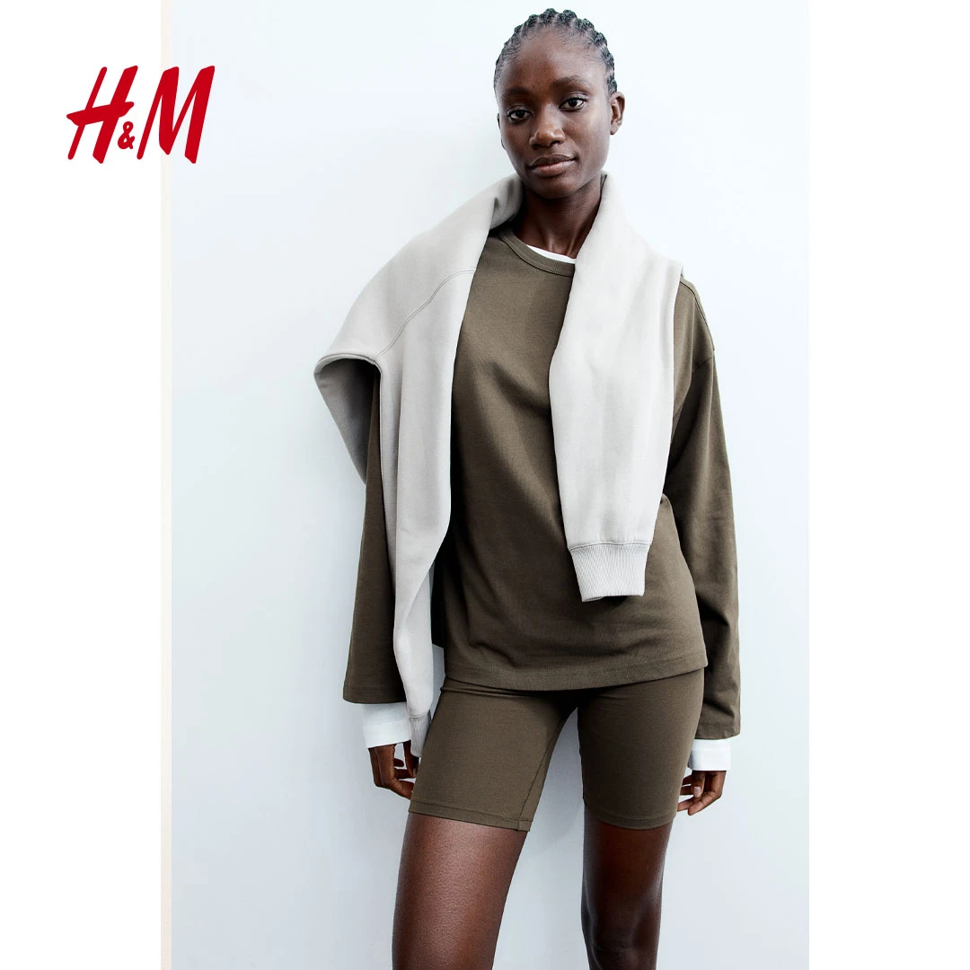 HM女装年秋季新款休闲罗纹圆领直筒轻便纯棉宽松型T恤1243660