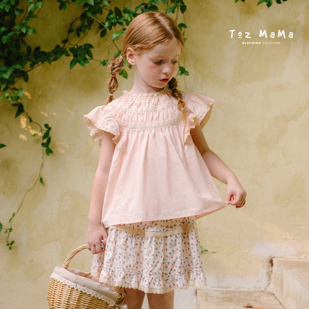 Toz Girls豆几妈6/10花边小飞袖套头小衫夏季女童上衣儿童衬衫
