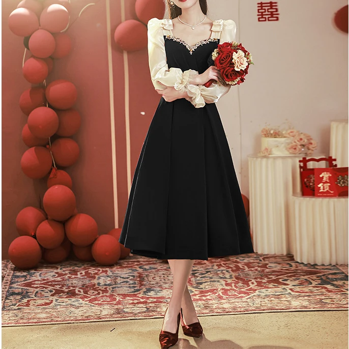 黑色晚礼服女平时可穿法式洋装宴会气质轻奢生日裙订婚宴小礼服裙