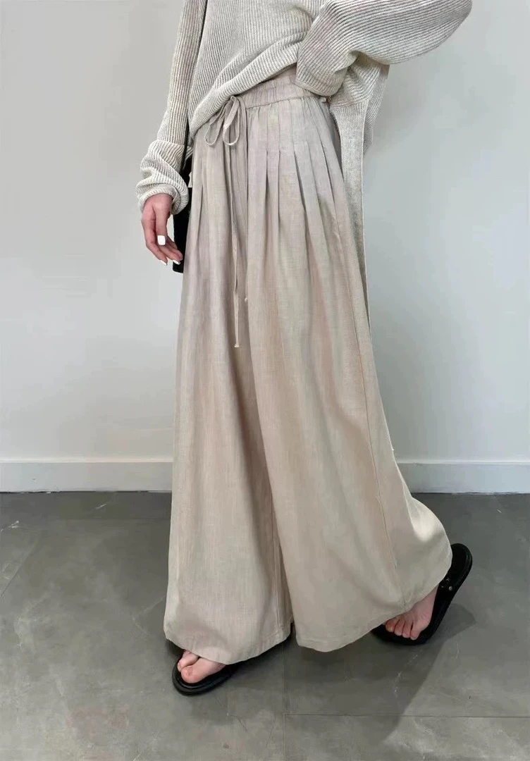 慵懒高级感 汗麻裤腰捏褶设计感长裤