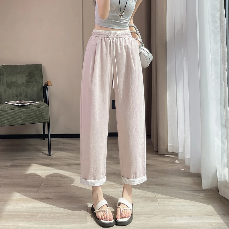 小个子蕾丝花边哈伦阔腿裤女2025春夏薄款高腰九分宽松休闲老爹裤