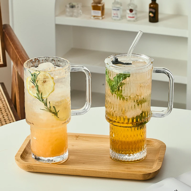 大容量带把手吸管杯办公室高颜值水杯网红玻璃杯冷饮杯咖啡杯带盖